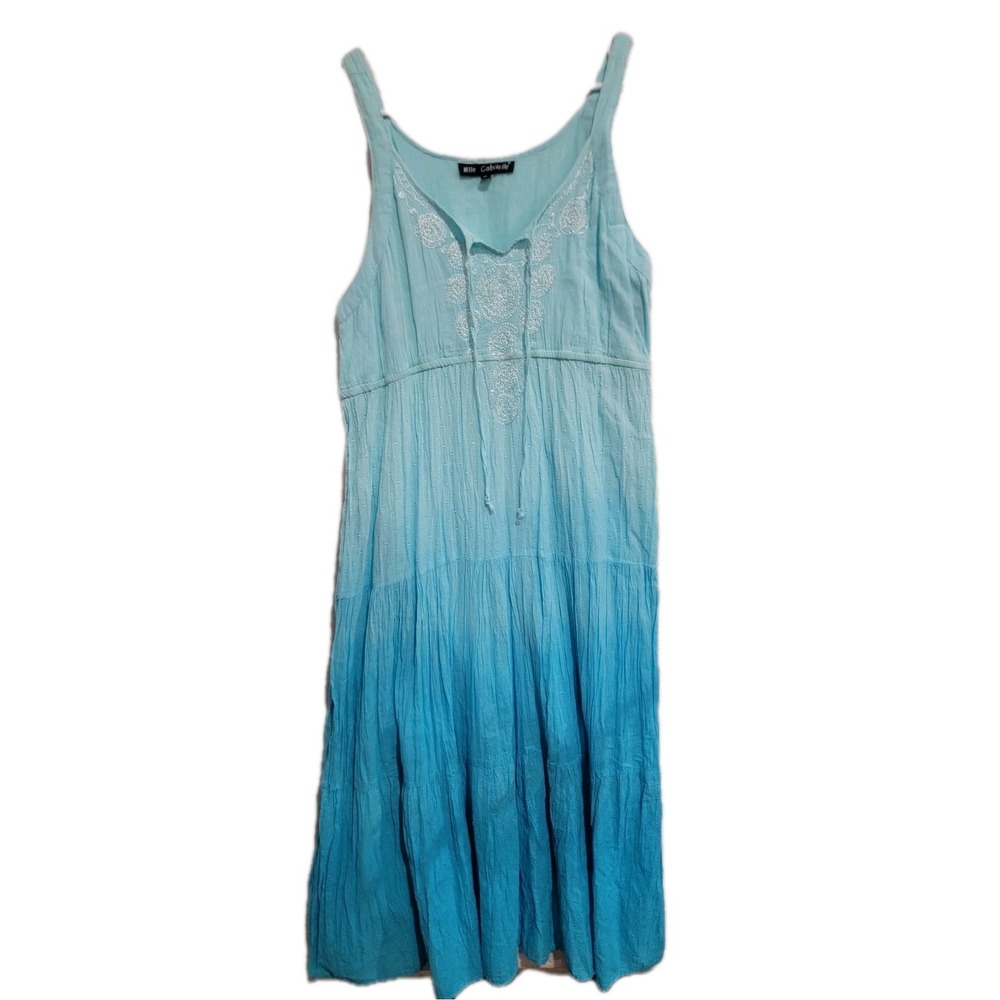 Mlle Gabrielle Maxi Dress‎ XL Blue Ombre Cotton Boho Embroidered Swiss Dot Lined